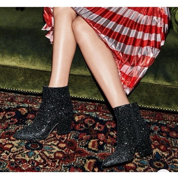 NINE WEST SAVITRA Black Glitter Designer Zip Ankle Pointed Toe Boots 7.5 M NIB - Picture 5 of 9